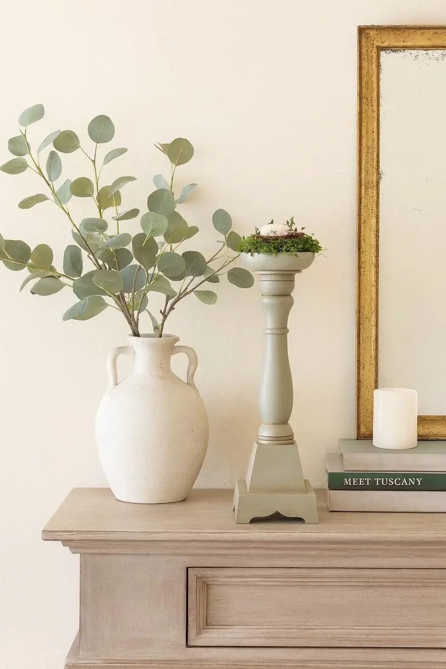 Tall Sage Nest Pedestal • Hand-Painted Wood Eggs, Table Centerpiece